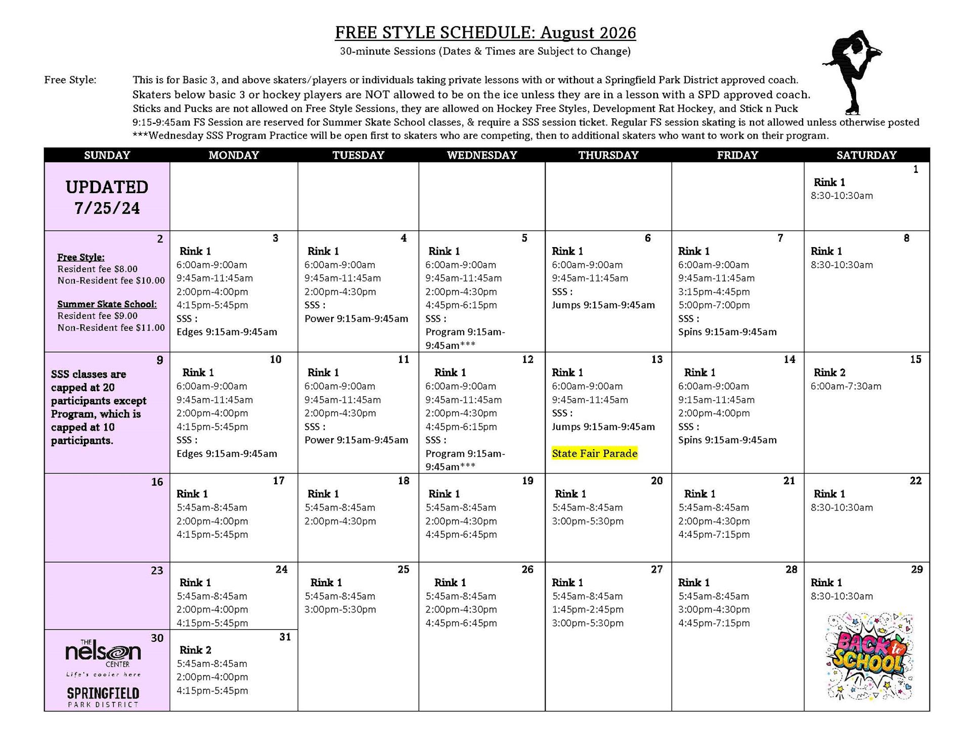 August Free Style Schedule